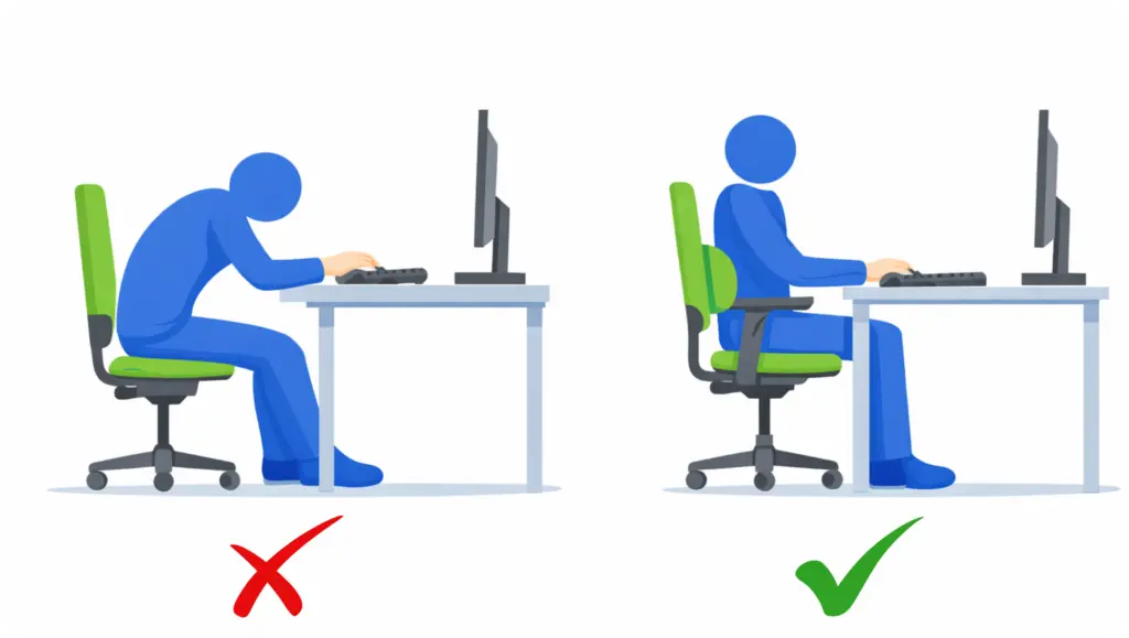 So platzierst Du den Schreibtischstuhl korrekt, wenn Du einen PC-Arbeitsplatz ergonomisch einrichtest.